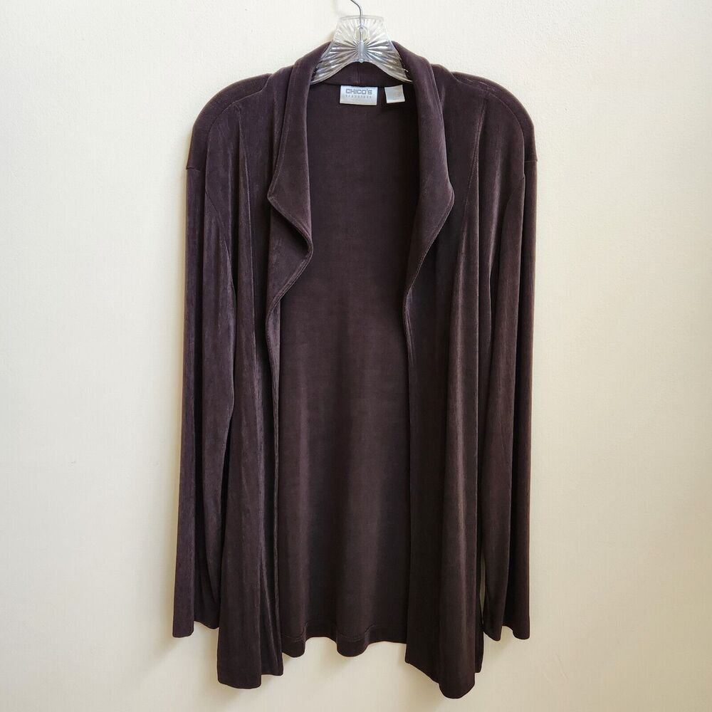 Chico's Travelers Cardigan Womens 3 Brown Open Slinky Knit Minimalist Whimsigoth